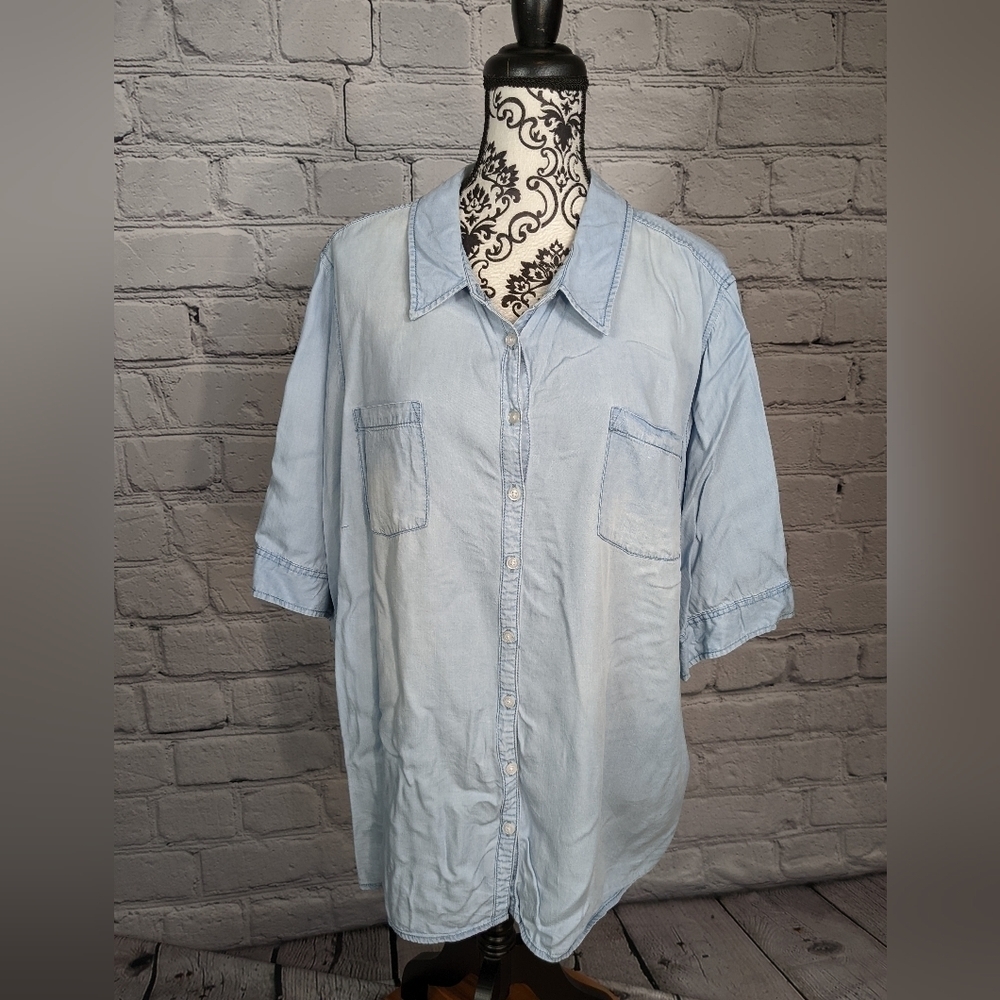 Established 1962 women's button front short sleeve chambray top 3x pockets bb10